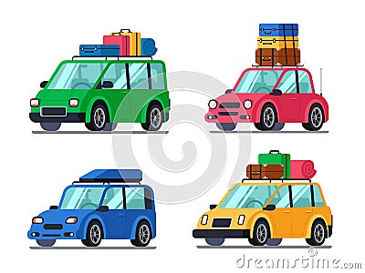 Travel cars. Car with tourism gear and baggage for family travels. Hybrid passenger vehicle flat vector illustration set Vector Illustration