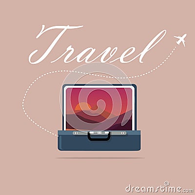 Travel case open picture of landscape sky and sunset sunrise traveling symbol journey exploration Vector Illustration