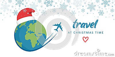 travel at chriatmas time airplane and globe with snowflake border Cartoon Illustration