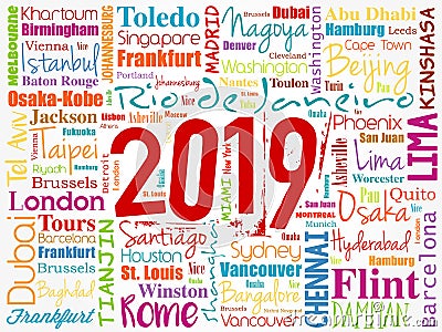 2019 travel cities word cloud collage Stock Photo