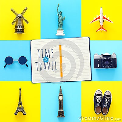 Travel collage concept with world symbols and icons. Top view Stock Photo