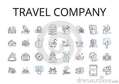 Travel company line icons collection. Adventure agency, Tour operator, Vacation planner, Journey experts, Excursion Vector Illustration