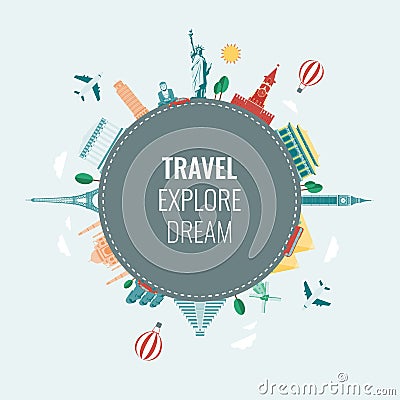 Travel composition with famous world landmarks icons. Vector Vector Illustration