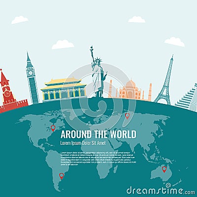 Travel composition with famous world landmarks icons. Vector Vector Illustration