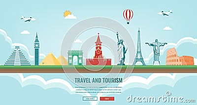 Travel composition with famous world landmarks. Travel and Tourism. Concept website template. Vector. Vector Illustration