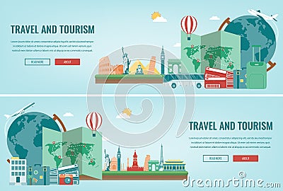 Travel composition with famous world landmarks. Travel and Tourism. Concept website template. Vector. Vector Illustration