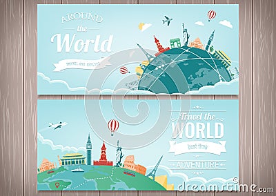 Travel composition with famous world landmarks. Travel and Tourism. Concept website template. Vector. Vector Illustration
