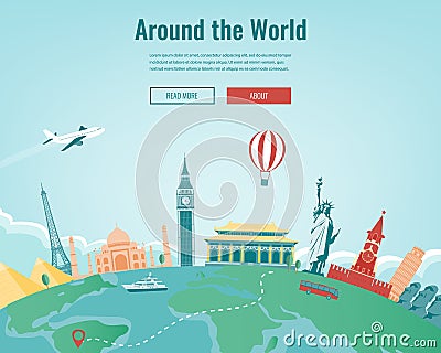 Travel composition with famous world landmarks. Travel and Tourism. Concept website template. Vector. Vector Illustration