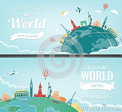 Travel composition with famous world landmarks. Travel and Tourism. Concept website template. Vector Vector Illustration