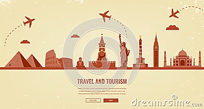 Travel composition with famous world landmarks. Travel and Tourism. Concept website template. Vector. Vector Illustration