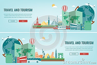 Travel composition with famous world landmarks. Travel and Tourism. Concept website template. Vector. Vector Illustration