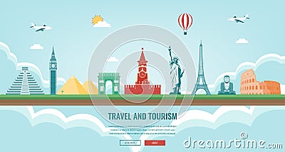 Travel composition with famous world landmarks. Travel and Tourism. Concept website template. Vector. Vector Illustration