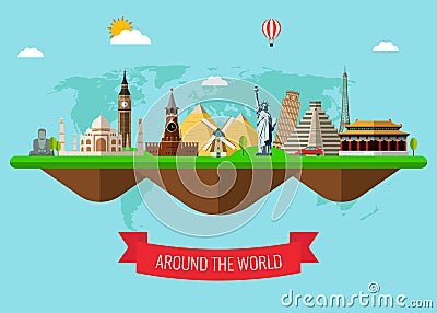 Travel composition with famous world landmarks. Travel and Tourism. Concept website template. Vector illustration. Vector Illustration
