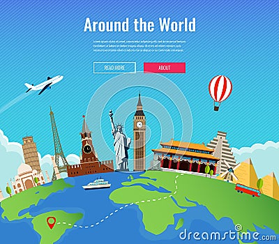 Travel composition with famous world landmarks. Travel and Tourism. Concept website template. Vector illustration. Vector Illustration