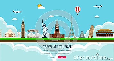 Travel composition with famous world landmarks. Travel and Tourism. Concept website template. Vector illustration. Vector Illustration
