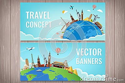 Travel composition with famous world landmarks. Travel and Tourism. Concept website template. Vector. Modern flat design Vector Illustration