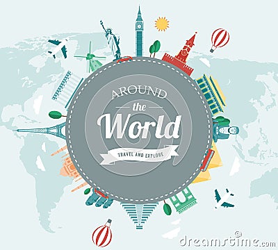 Travel composition with famous world landmarks. Travel and Tourism. Vector Vector Illustration