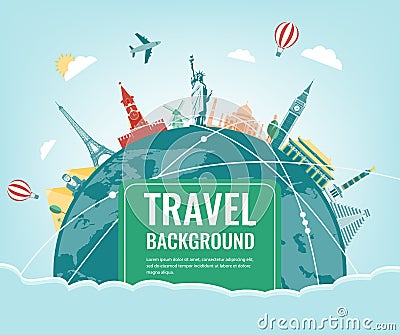 Travel composition with famous world landmarks. Travel and Tourism. Vector Vector Illustration