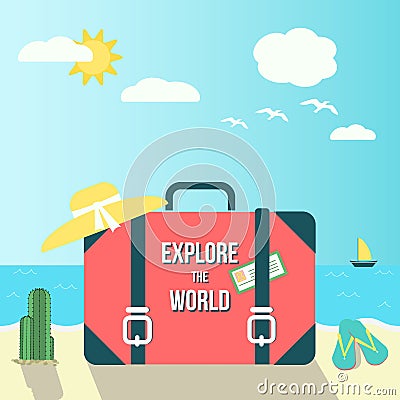 Travel composition with a suitcase on the sand, leisure items and the sea with the sun and gulls in the background. Cartoon Illustration