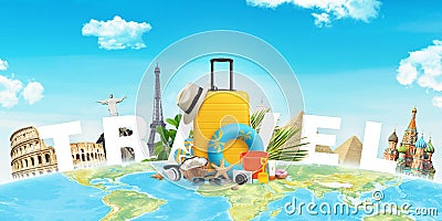 Travel composition with yellow bag and accessories front of world famous buildings Stock Photo