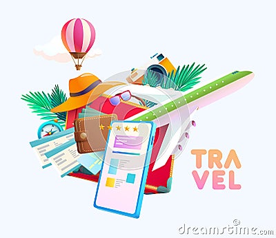 3D vacation illustration with suitcase, airplane and things for traveling. Realistic vector illustration Vector Illustration