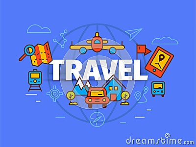 Travel concept in flat solid line design. Map markers and transportation elements as metaphor for tourism or vacation trip. Vector Illustration