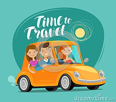 Travel concept. Happy friends ride retro car on journey. Funny cartoon vector illustration Vector Illustration