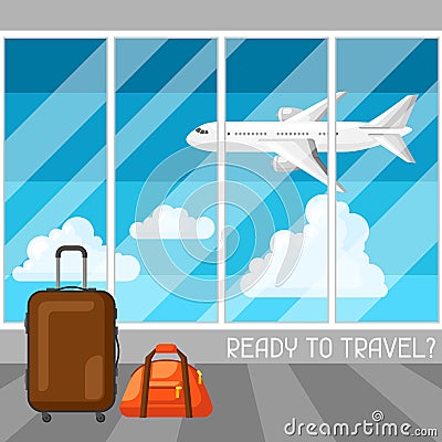 Travel concept illustration at the airport. Traveling background with airplane and suitcases Vector Illustration