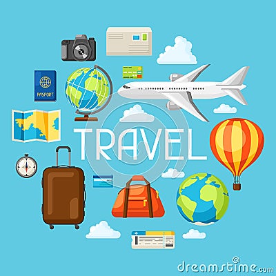 Travel concept illustration. Traveling background with tourist items Vector Illustration