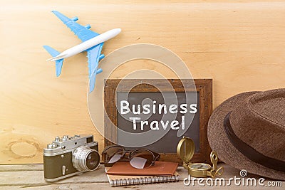 Travel concept - little blank blackboard for text and travel set Stock Photo