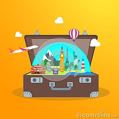 Travel Concept with Open Suitcase. Vector Vector Illustration