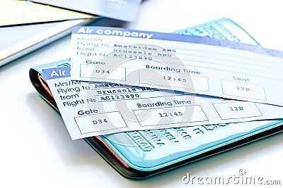 Travel concept with passport, credit cards and flight tickets on Stock Photo