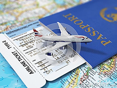 Travel concept. Passports, airline tickets and airplane Stock Photo