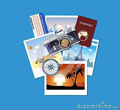 Travel concept. Photo camera and photos, Vector Illustration