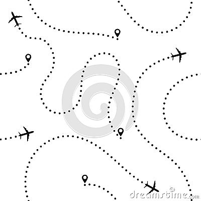 Travel concept seamless pattern. Abstract airplane routes. Travel and tourism seamless background with dotted airplane routes Vector Illustration