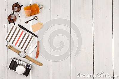 travel concept - set of cool stuff with camera and other things on wooden table Stock Photo