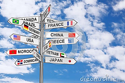 Travel Concept. Signpost with Various Countries Names and Flags. 3d Rendering Stock Photo