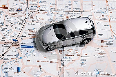Travel concept - small car on Seoul city map Stock Photo