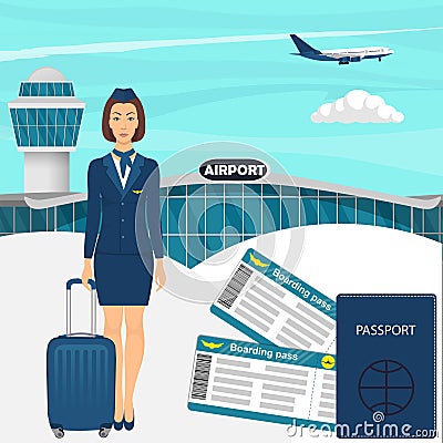 Travel concept with stewardess woman in blue uniform with suitcase, flight tickets, passport, airport building, airplane in the sk Cartoon Illustration