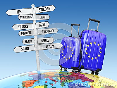 Travel concept. Suitcases and signpost what to visit in Europe. Stock Photo