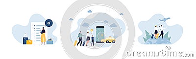 Travel concept and taxi transportation collection. Vector flat illustration set. Group of male and female tourist family with Cartoon Illustration