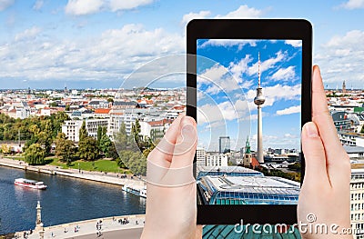 tourist photographs Berlin cityscape with TV Tower Stock Photo