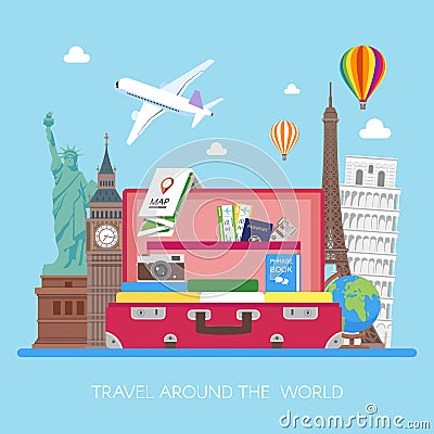 Travel concept vector illustration in flat style design. Airplane flying above tourists luggage Vector Illustration