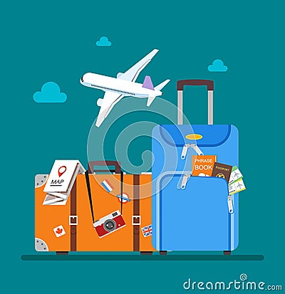 Travel concept vector illustration in flat style design. Airplane flying above tourists luggage. Vacation background Vector Illustration