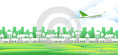 Travel concept, A white village with a green lawn with Planes in the sky and also a tourist attraction Vector Illustration