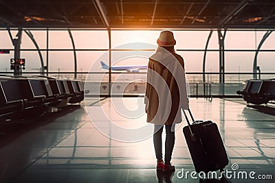 Travel concept. Young woman seen from back, holding luggage at the airport Stock Photo