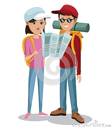 Travel couple tourist vacation reading map Vector Illustration