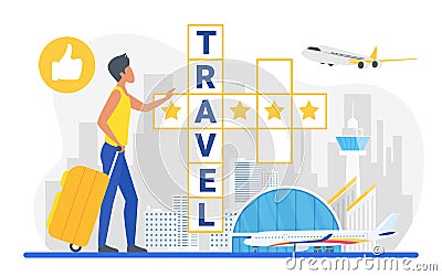 Travel crossword, cartoon traveler tourist character standing next to crossword puzzle Vector Illustration