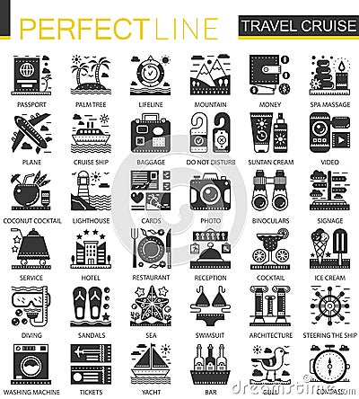 Travel cruise vacation black mini concept icons and infographic symbols set Vector Illustration