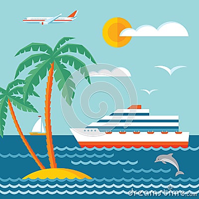 Travel cruise - vector concept illustration in flat style design. Cruise liner. Vector Illustration